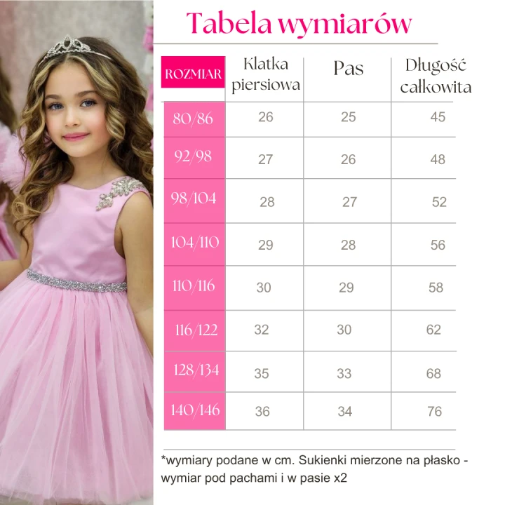 Różowa tiulowa sukienka tabela wymiarów