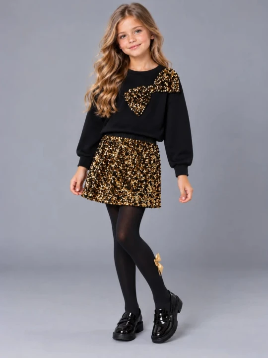 Komplet z cekinami dla dziewczynki, czarna bluza z cekinową kokardą i złota cekinowa spódniczka, zestaw na święta dla dziewczynki